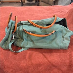 Green Tote Bag with Brown Handles and small matching tote